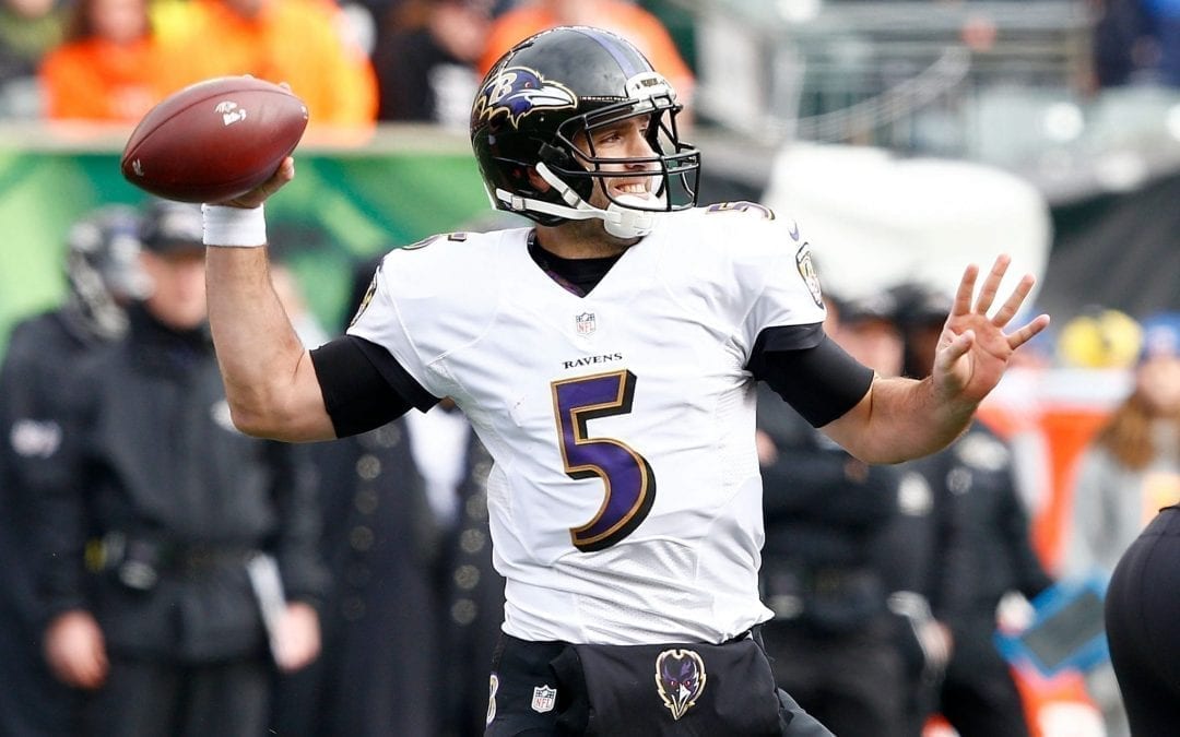 Joe Flacco #5 of the Baltimore Ravens throws a pass during the first quarter of the game against the Cincinnati Bengals