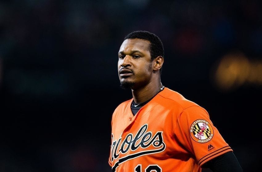 Baltimore Orioles center fielder Adam Jones (10) reacts in the sixth inning during a game against the Boston Red Sox at Oriole Park at Camden Yards