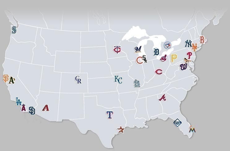 MLB teams on a map of the United States
